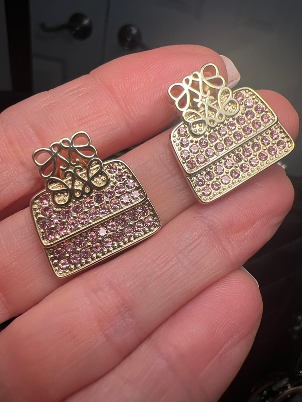 Gold-Tone Pink Crystal Purse Charm Earrings